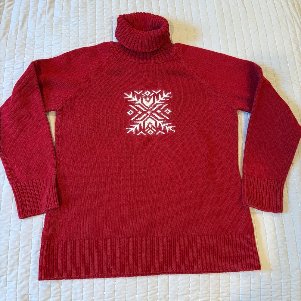 Coldwater Creek Red Turtleneck Sweater with Snowflake Pattern